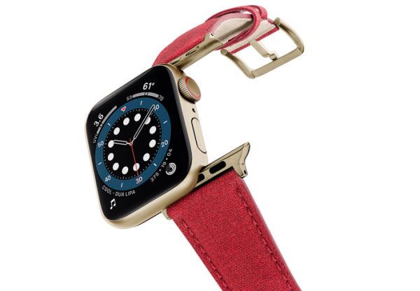 Recycled-RED-Apple-watch-vegan-leather-band-flying-view_stainless-gold_Case