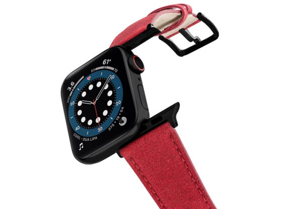 Recycled-Red-cotton-apple-watch-band-stainless-black-case-flying-mode